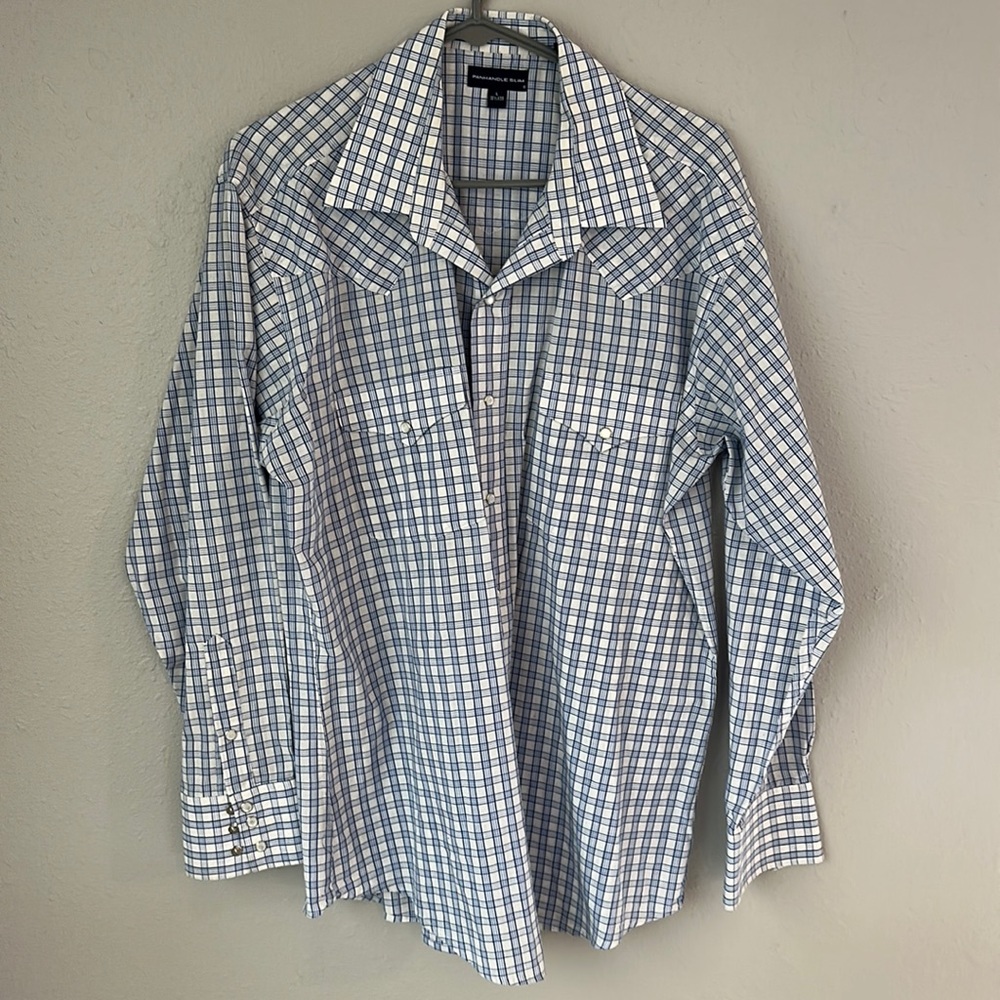 Panhandle slim long sleeved Pearl snap western shirt. Size large